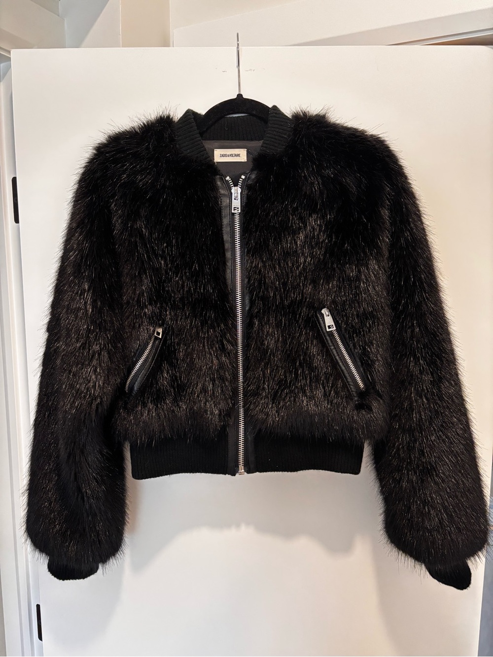 Zadig & Voltaire Black Faux Fur Bomber Jacket with Zip Pockets